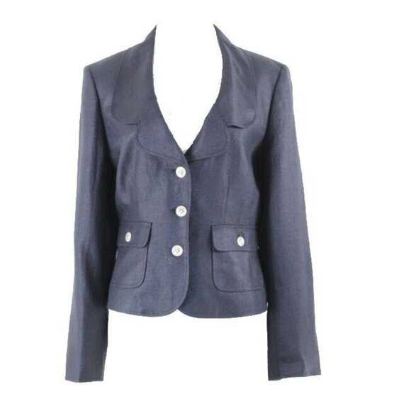 Ellen Tracy $269 Sz 8 Navy Blue Polished Cotton Linen Lined Jacket